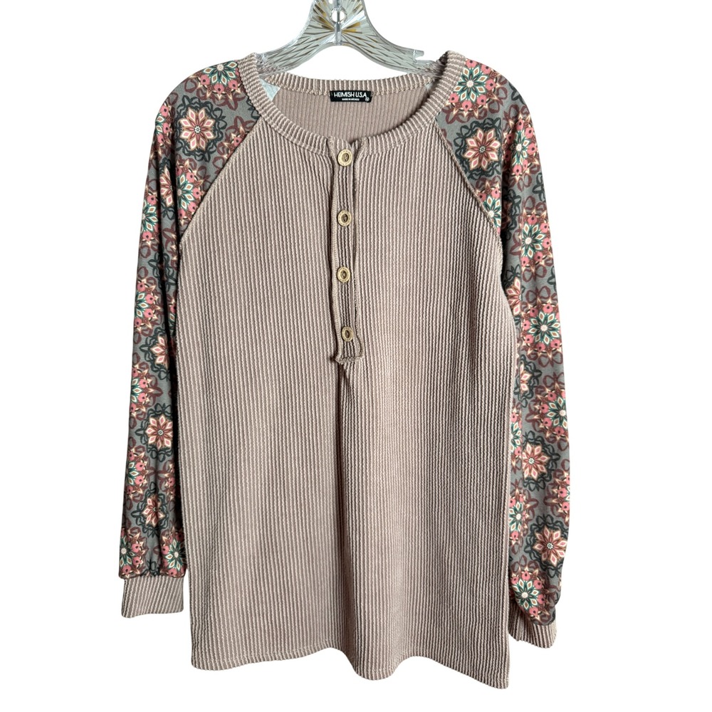 Heimish USA Henley Top Womens Medium Mauve Waffle Knit Floral Boho Thermal